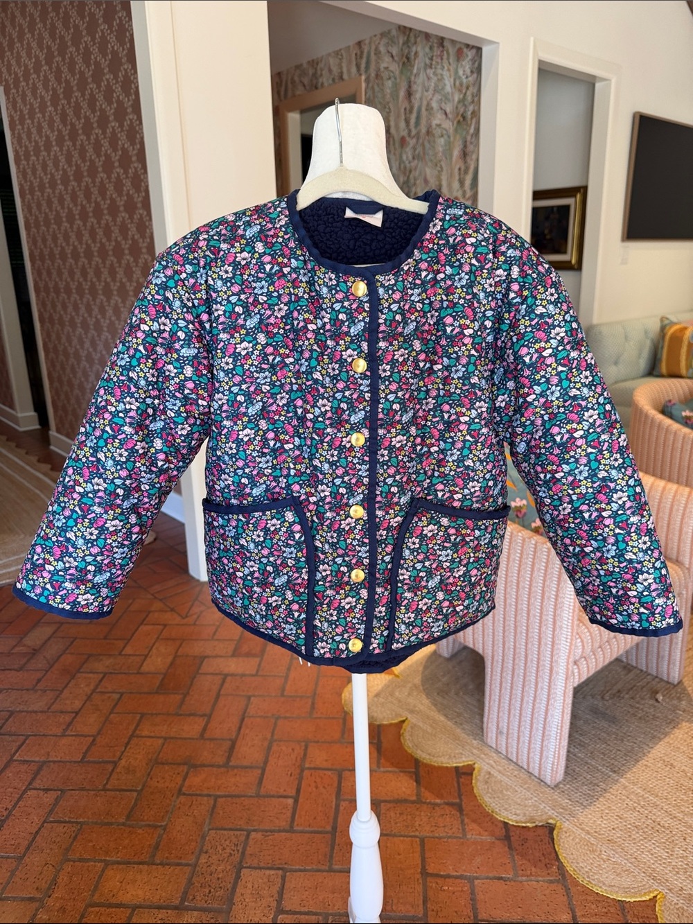 Crewcuts - Girls Navy Floral Quilted Puffer Jacket - Size: S (6-7)